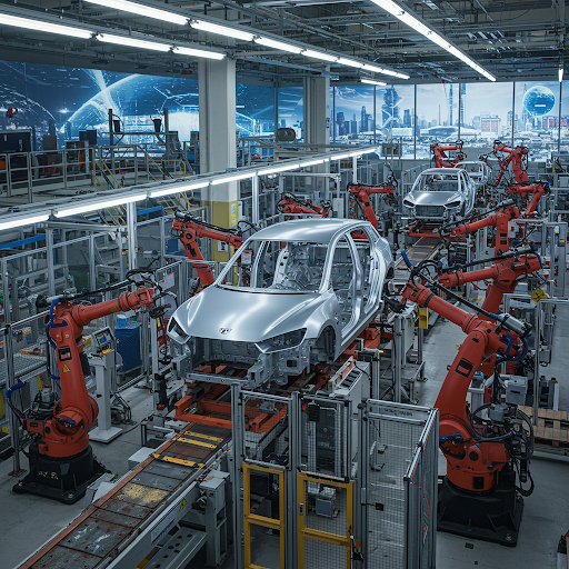 Robotic arms assembling cars in an automotive manufacturing plant