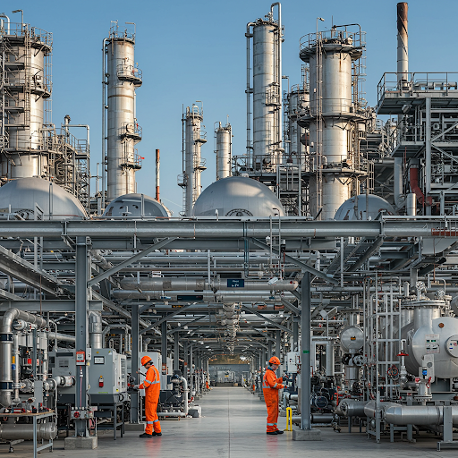Workers in chemical manufacturing plant surrounded by industrial pipes and tanks