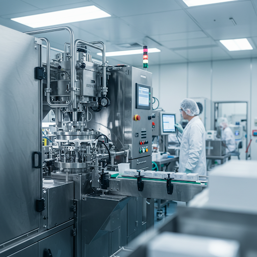 Pharmaceutical manufacturing in sterile cleanroom with automated machinery