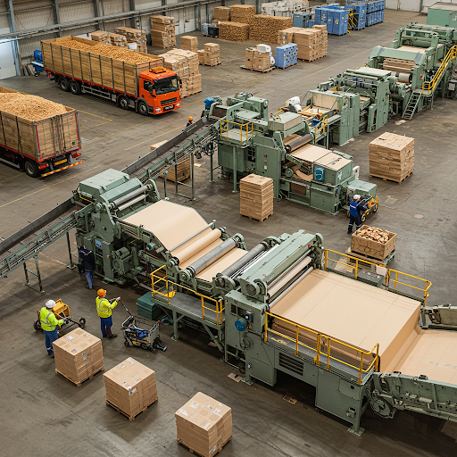 Large-scale pulp and paper mill with industrial machinery