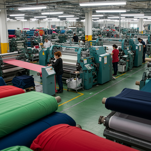 Textile manufacturing plant with fabric processing machines and operators