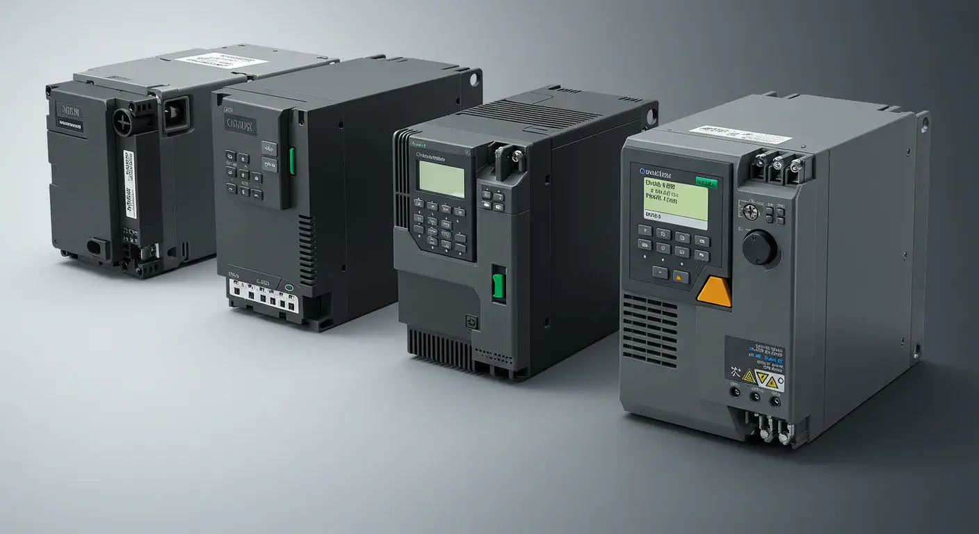 Industrial VFD units lined up for testing